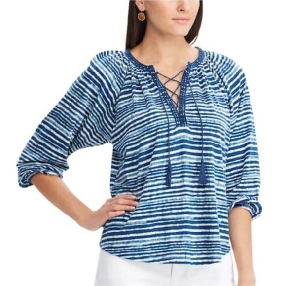 Chaps Tops - Chaps Womens Blue White Striped Lace Up Elbow Sleeve Peasant Blouse Sz M New